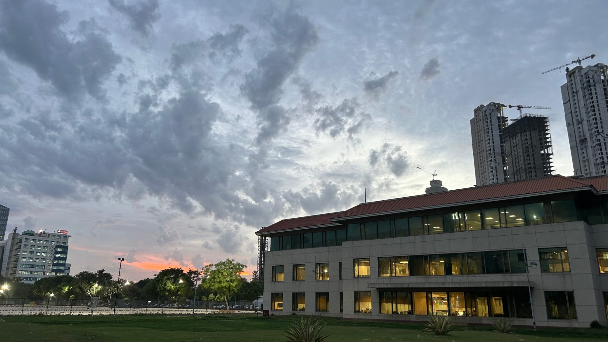 Office building under a heavy evening sky